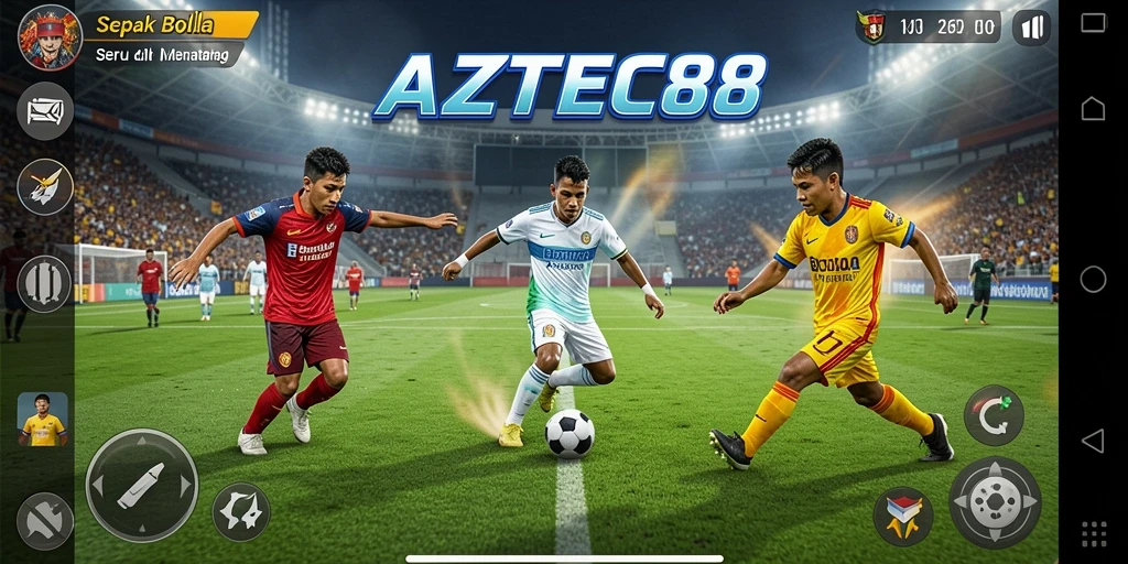 Tampilan gameplay menegangkan dalam AZTEC88 saat mencetak gol.