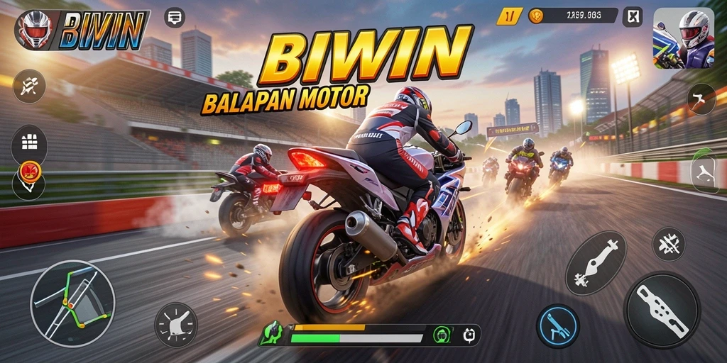 Tampilan gameplay seru dalam balapan motor BIWIN.