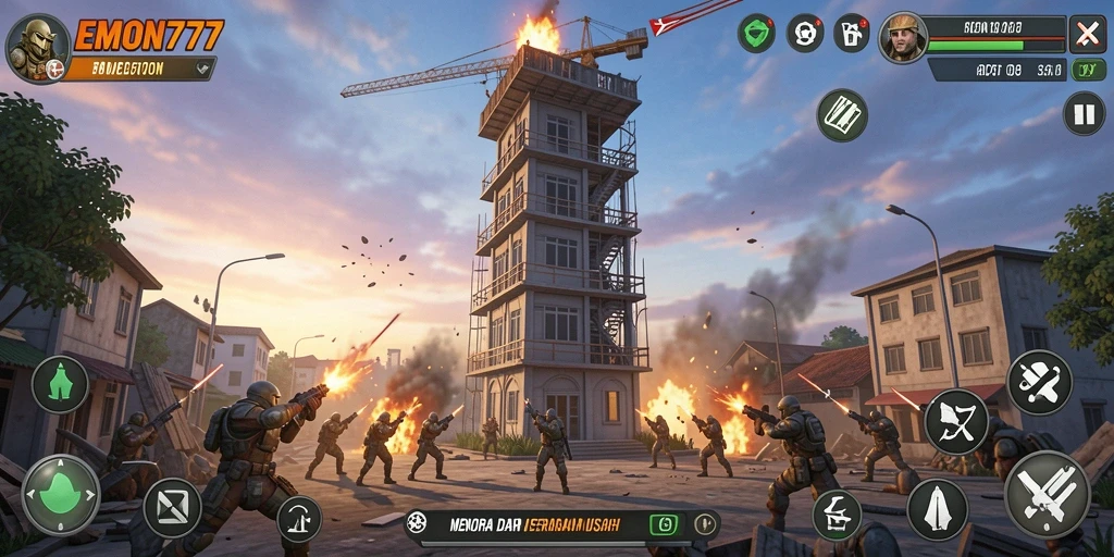 Tangkapan layar utama EMON777 menampilkan gameplay Tower Defense yang seru.