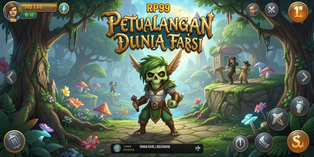 Tangkapan layar utama RP99 menampilkan karakter menjalani petualangan seru di dunia fantasi.