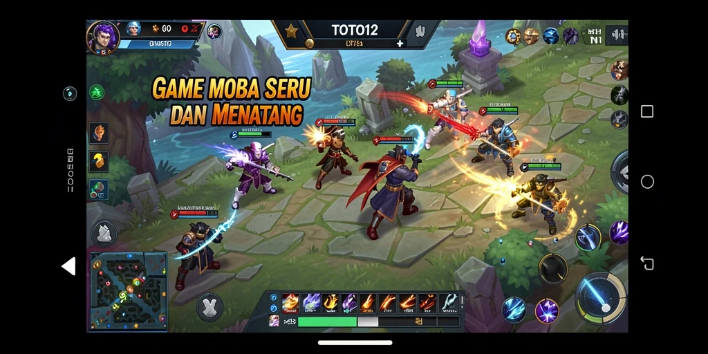 Screenshot TOTO12 menampilkan aksi seru di arena pertarungan MOBA.